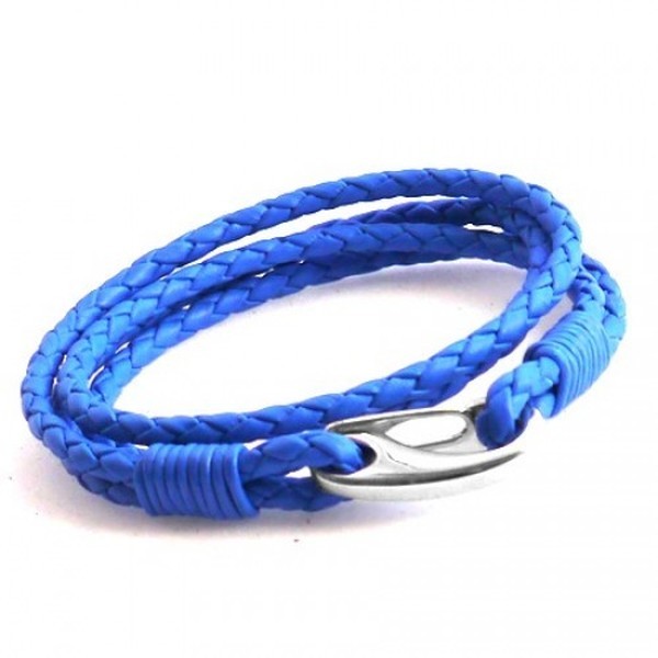 Neon Blue Leather 4-Strand Double Wrap Bracelet, Shrimp Clasp, 21cm