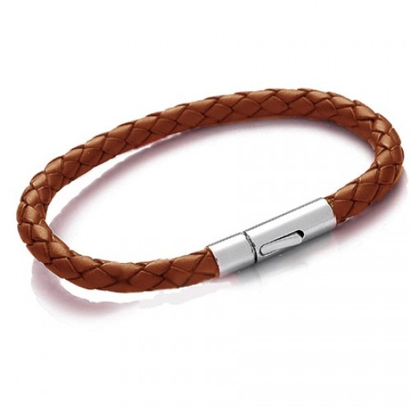 Tan Leather 5mm Plaited Bracelet, Rocker Clasp, 20cm