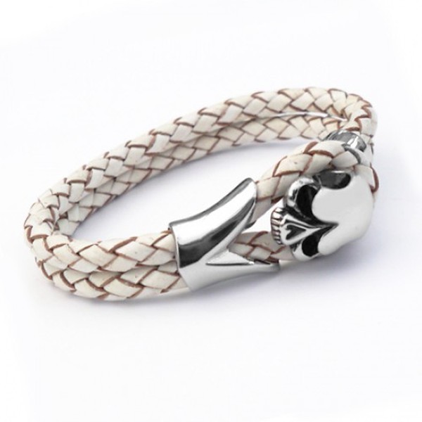 White Leather & Stainless Steel Skull Bracelet, 21cm