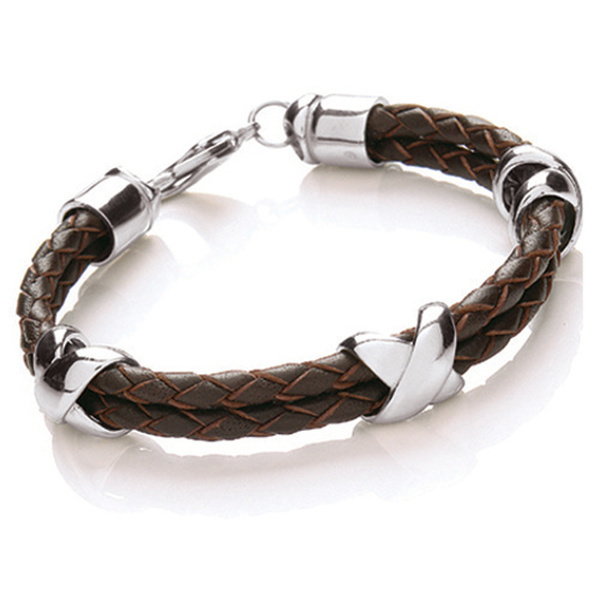 Brown Leather & S. Steel Criss-Cross Bracelet, Lobster Clasp, 23cm