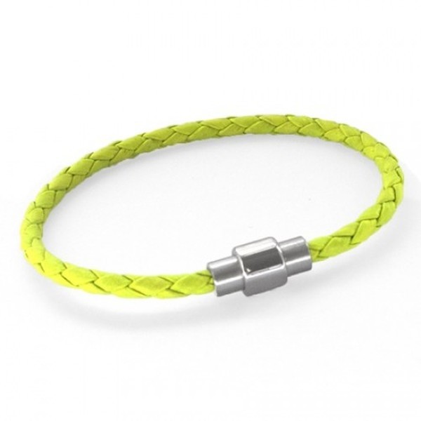 Neon Green Plaited Leather Bracelet, Magnetic Barrel Clasp, 21cm