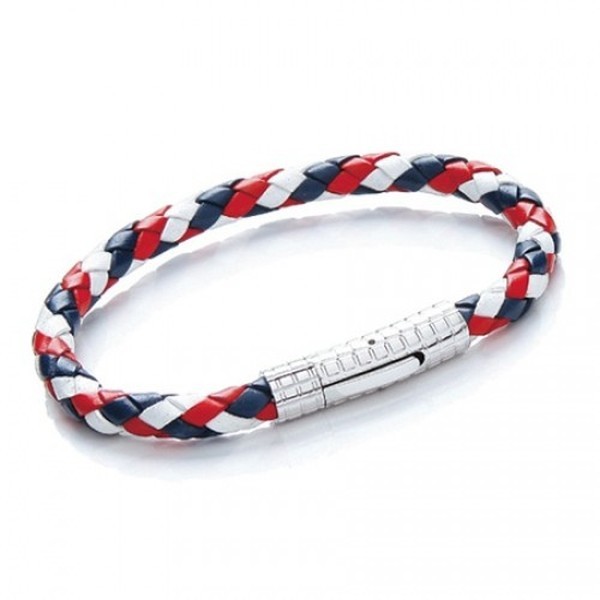 Red, White & Blue Plaited Leather Bracelet, S. Steel Clasp, 21cm