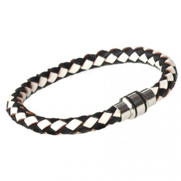 Black & White Leather Bracelet, Magnetic Clasp, 21cm