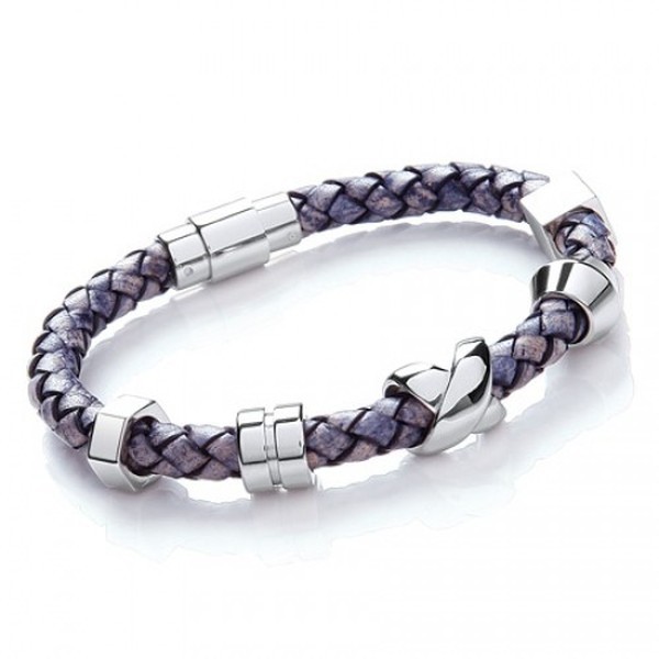 Denim Leather Bracelet, 5 Stainless Steel Beads, Magnetic Clasp, 21cm