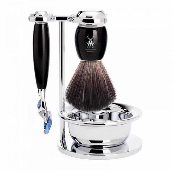 Muhle VIVO Black 4 Piece Fusion Razor Set with Synthetic Fibre Brush