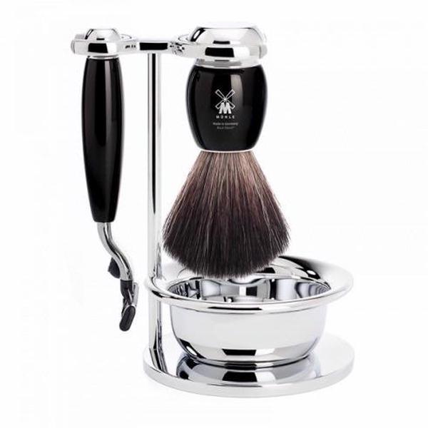 Muhle VIVO Black 4 Piece Mach3 Razor Set with Synthetic Fibre Brush