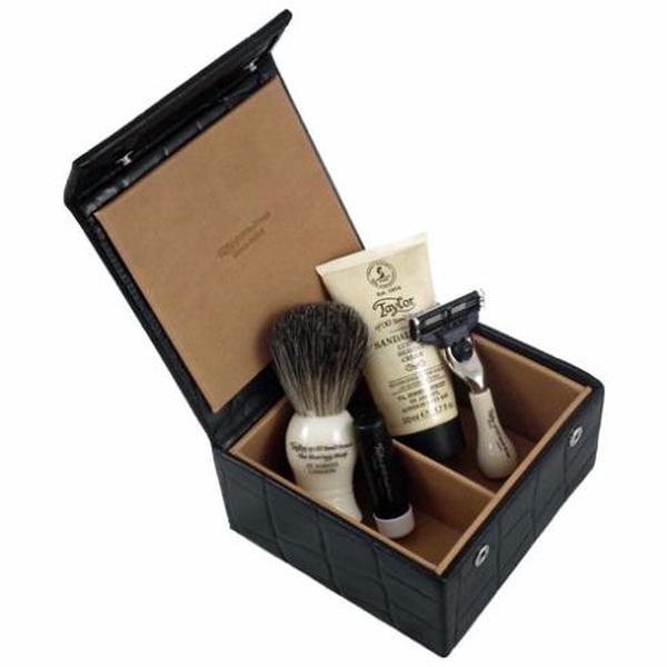 Taylor of Old Bond Street Black Leather Travel Gift Box Set