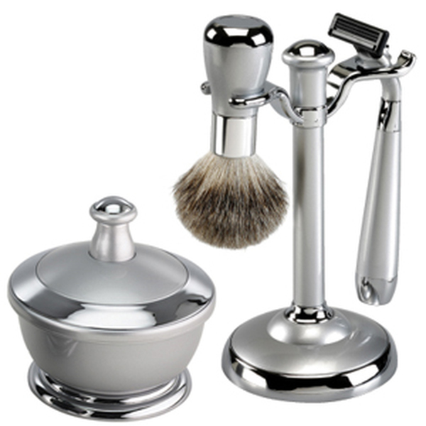 Famego Silver Metal Finish Effect Shaving Set With Mirror Shaving Bowl